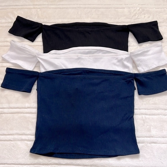 Off The Shoulder Ribbed Tube Crop Top with sleeves in Black White & Blue - Picture 4 of 7